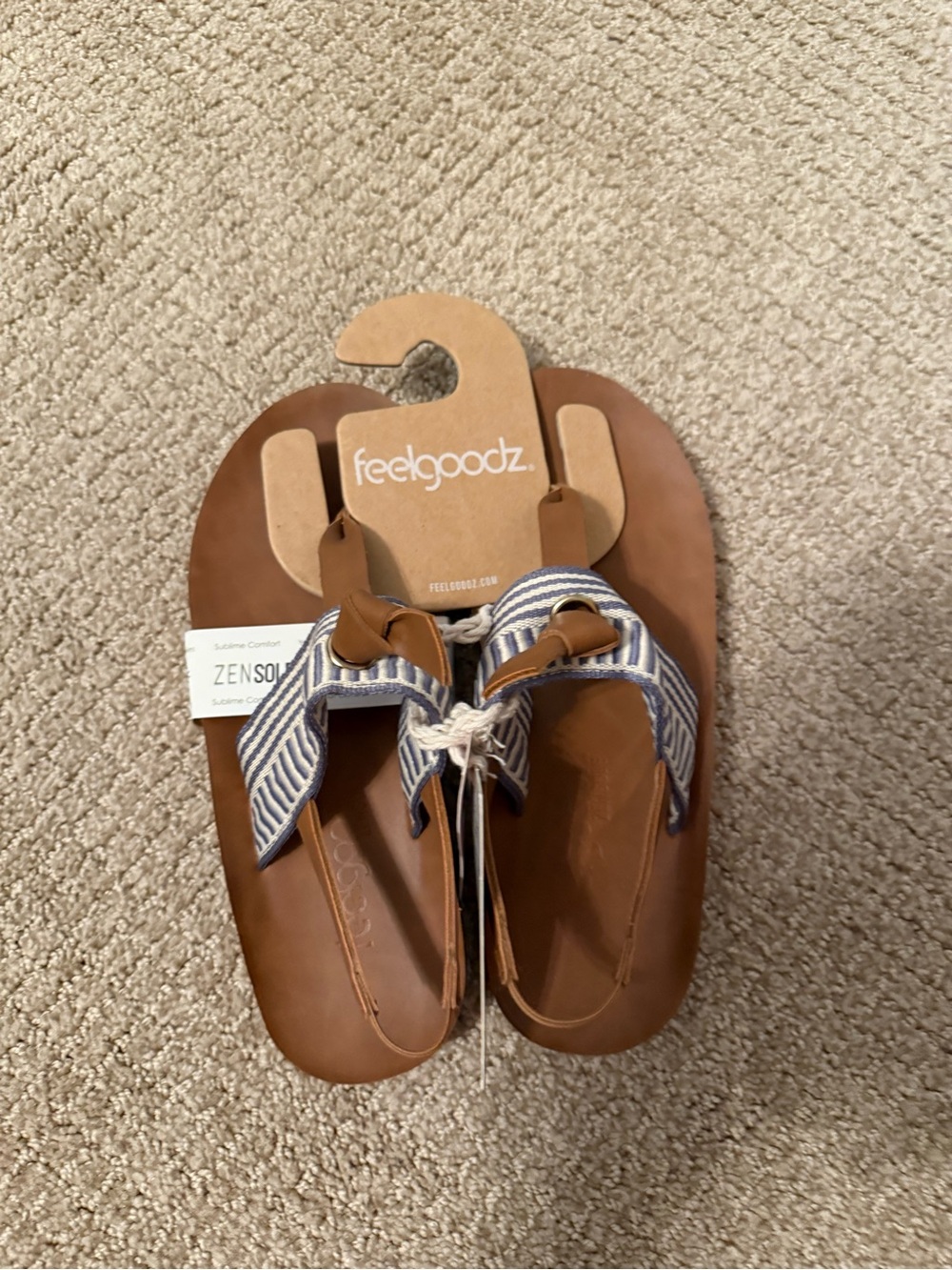 Feelgoodz Brown Sandals with Blue & White Straps Size 6